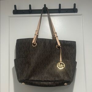 Michael Kors Dark Brown Signature MK Tote with Tan Leather Straps